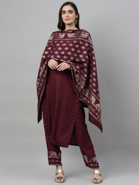 

KALINI Women Burgundy & Gold-Coloured Printed Kurta with Trousers & Dupatta