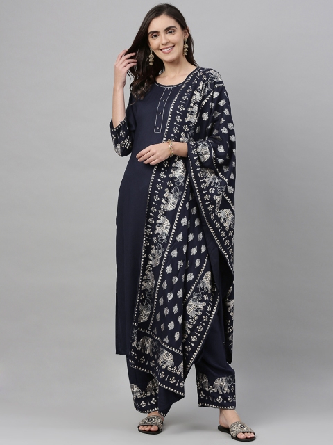 

GoSriKi Women Navy Blue & Gold-Coloured Printed Kurta with Trousers & Dupatta