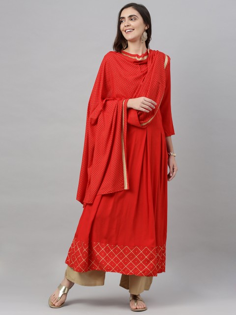

KALINI Women Red & Beige Solid Kurta with Palazzos & Dupatta