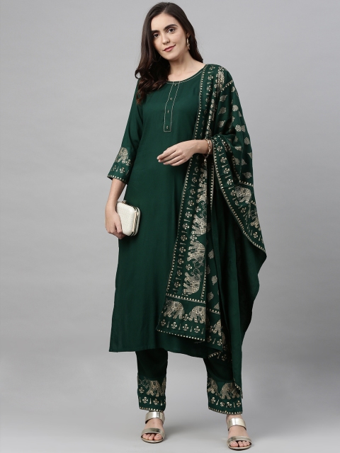 

KALINI Women Green Solid Kurta with Trousers & Dupatta