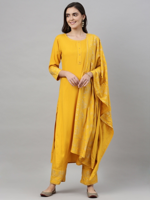 

KALINI Women Yellow Solid Kurta with Trousers & Dupatta