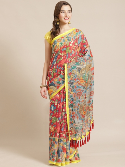

VASTRANAND Red & Coral Orange Kalamkari Printed Saree