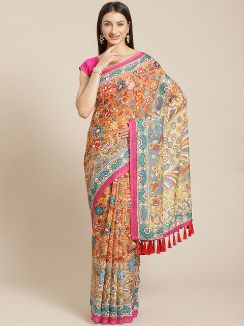 

VASTRANAND Orange & Pink Kalamkari Printed Saree