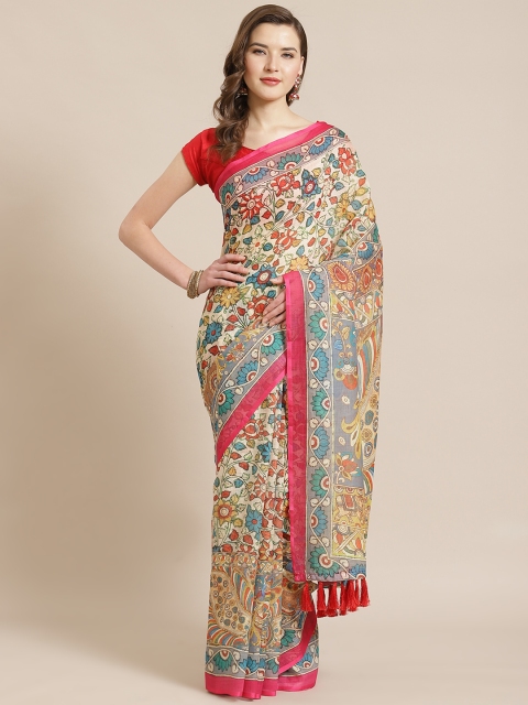 

VASTRANAND Beige & Blue Kalamkari Printed Saree