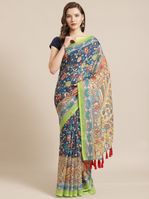 

VASTRANAND Blue & Yellow Kalamkari Printed Saree