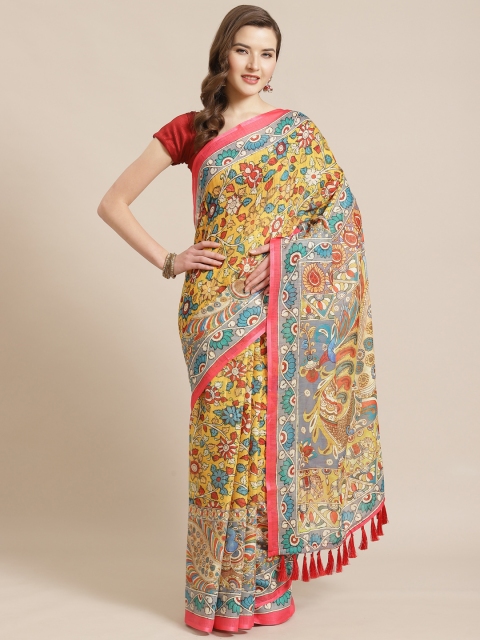 

VASTRANAND Mustard Yellow & Blue Kalamkari Printed Saree