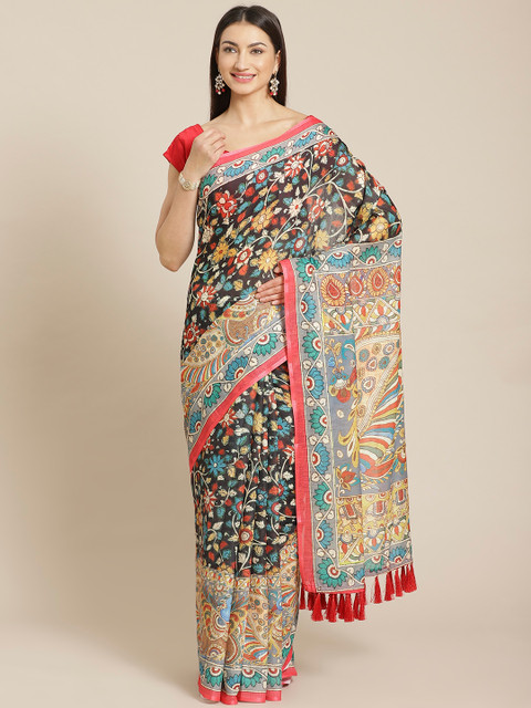 

VASTRANAND Black & Red Kalamkari Printed Saree