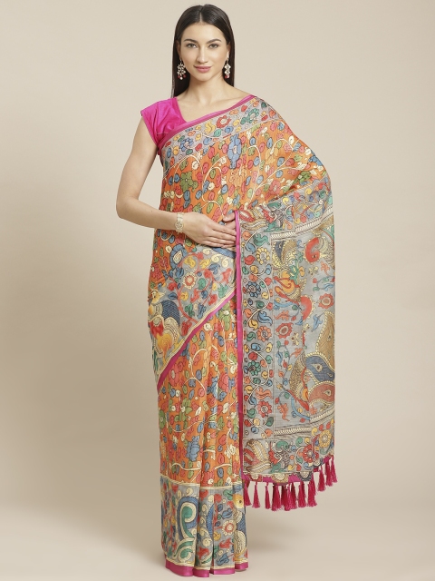 

VASTRANAND Orange & Pink Kalamkari Printed Saree