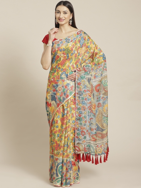 

VASTRANAND Yellow & Blue Kalamkari Printed Saree