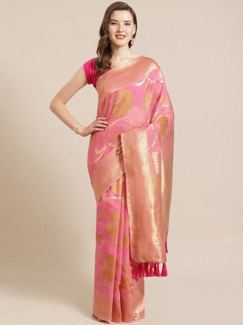 

VASTRANAND Pink & Golden Zari Woven Design Saree