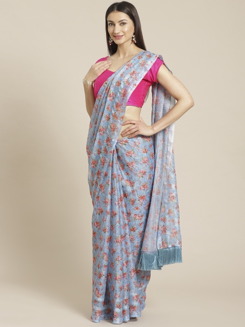 

VASTRANAND Blue & Pink Floral Print Saree