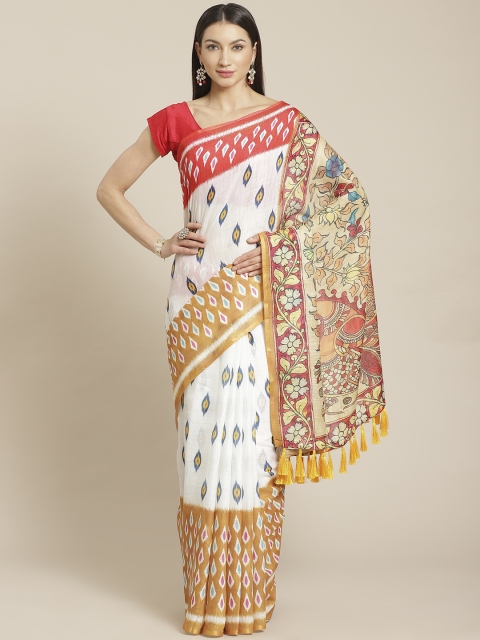 

VASTRANAND White & Mustard Yellow Printed Ikat Saree