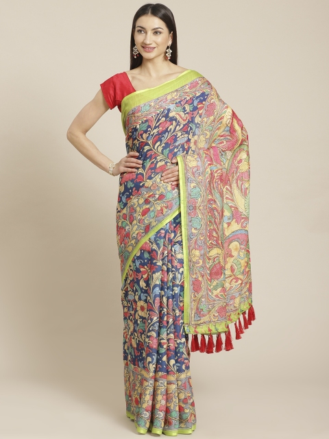 

VASTRANAND Navy Blue & Red Kalamkari Printed Saree