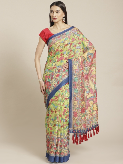 

VASTRANAND Lime Green & Red Kalamkari Printed Saree