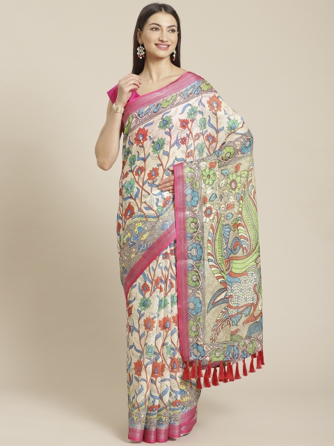 

VASTRANAND Beige & Pink Kalamkari Printed Saree