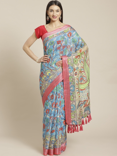 

VASTRANAND Blue & Red Kalamkari Printed Saree