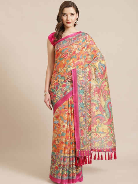

VASTRANAND Orange & Pink Kalamkari Printed Saree