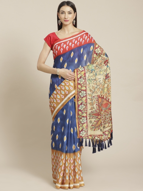

VASTRANAND Navy Blue & Beige Printed Ikat Saree