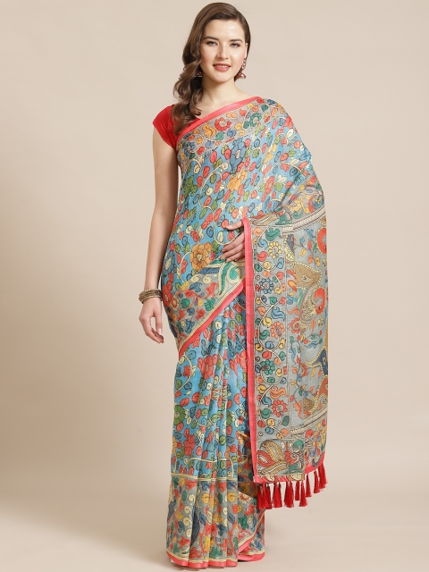 

VASTRANAND Blue & Coral Orange Kalamkari Printed Saree