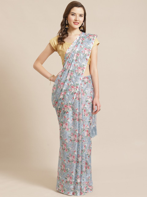 

VASTRANAND Grey & Peach-Coloured Floral Printed Saree
