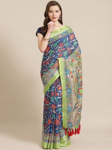

VASTRANAND Navy Blue & Red Kalamkari Printed Saree