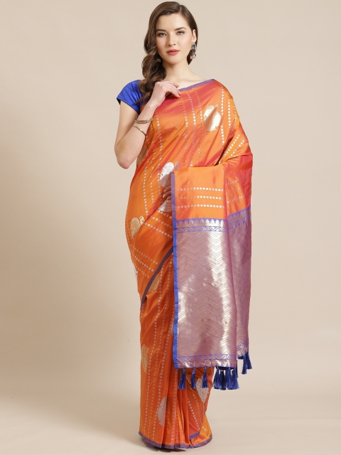 

VASTRANAND Orange & Silver Woven Design Banarasi Saree