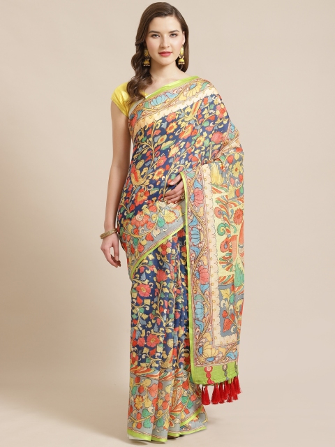 

VASTRANAND Blue & Yellow Kalamkari Printed Saree