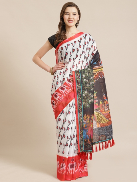 

VASTRANAND White & Red Printed Ikat Saree