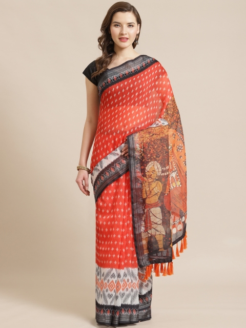 

VASTRANAND Orange & White Printed Ikat Saree