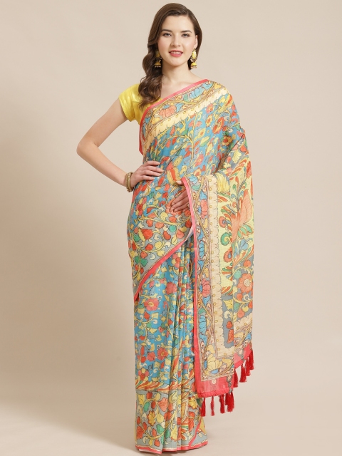 

VASTRANAND Blue & Red Kalamkari Printed Saree