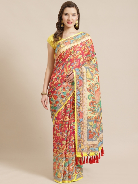

VASTRANAND Pink & Yellow Kalamkari Printed Saree