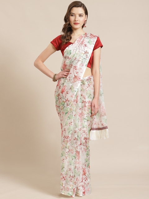 

VASTRANAND White & Maroon Floral Printed Saree