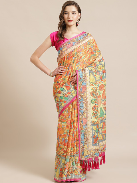 

VASTRANAND Orange & Pink Kalamkari Hand Painted Saree