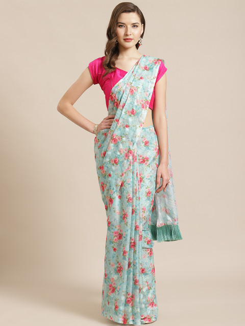 

VASTRANAND Blue & Pink Digital Floral Print Saree