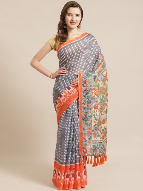 

VASTRANAND Grey & Orange Ikat Printed Pochampally Saree