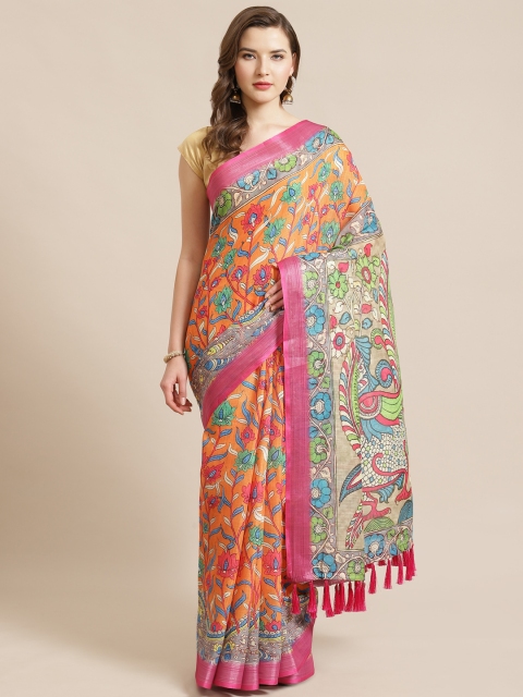 

VASTRANAND Orange & Blue Kalamkari Printed Saree