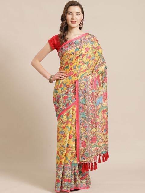 

VASTRANAND Yellow & Pink Kalamkari Printed Saree