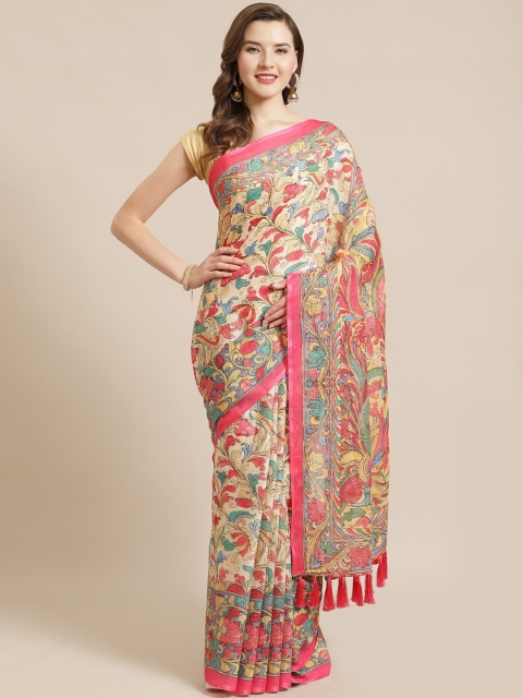 

VASTRANAND Cream-Coloured & Pink Kalamkari Printed Saree