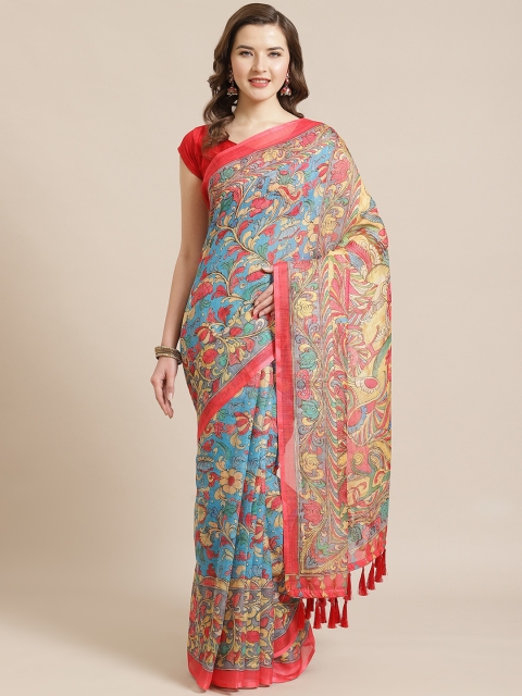 

VASTRANAND Blue & Red Kalamkari Printed Saree