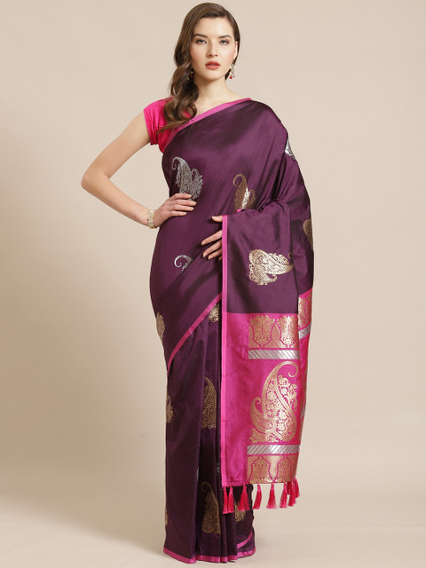 

VASTRANAND Aubergine & Golden Zari Woven Banarasi Saree, Purple