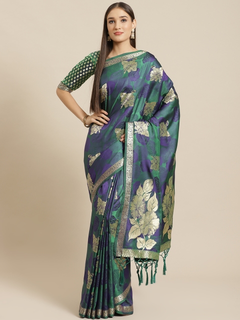 

Saree mall Green & Navy Blue Floral Woven Design Banarasi Saree