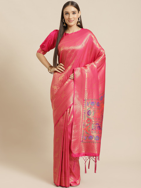 

Saree mall Pink & Golden Woven Design Banarasi Saree