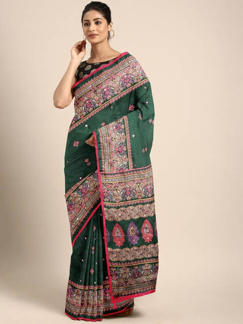 

Mitera Green & Pink Printed Saree with Mirror Work