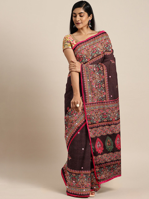 

Mitera Coffee Brown & Pink Printed Saree with Mirror Work