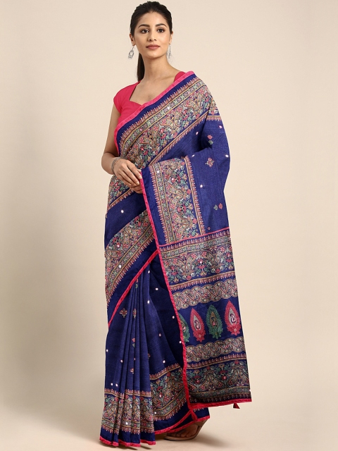 

Mitera Blue & Pink Printed Saree with Mirror Work