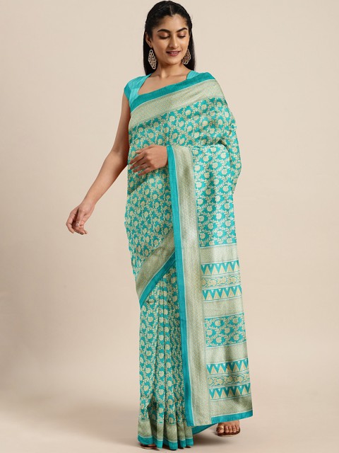

KALINI Teal Green & Golden Printed Saree
