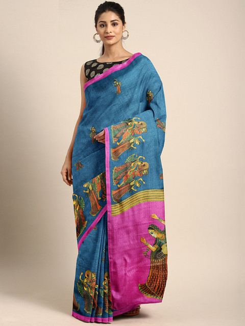 

KALINI Teal Blue & Pink Pure Cotton Printed Saree