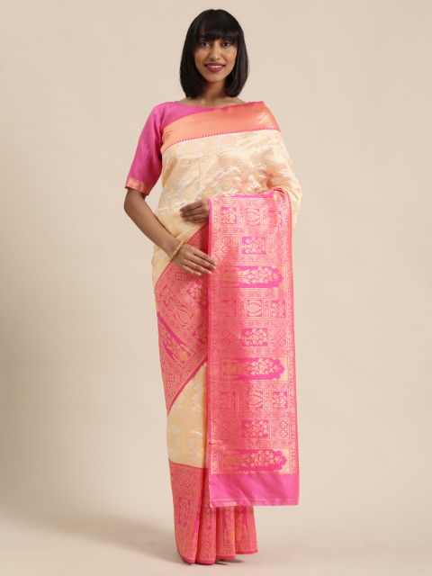 

Sugathari Cream-Coloured & Pink Silk Blend Woven Design Kanjeevaram Saree