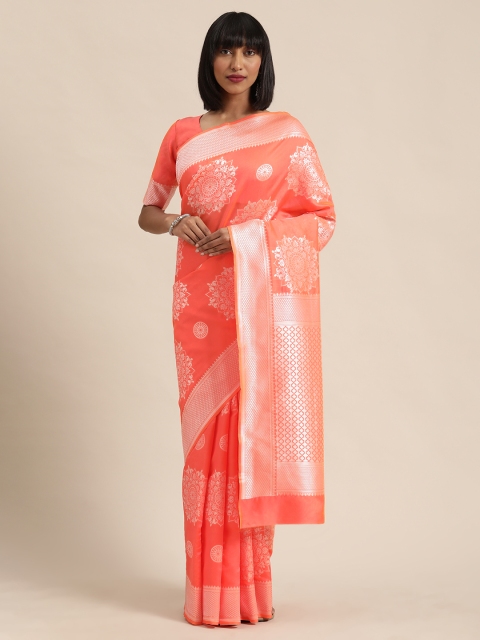 

Sugathari Pink & Silver-Toned Silk Blend Woven Design Banarasi Saree