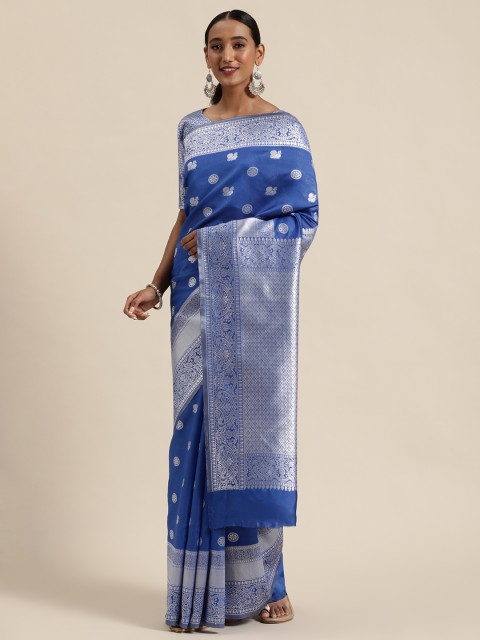 

Sugathari Navy Blue & Silver-Toned Silk Blend Woven Design Banarasi Saree